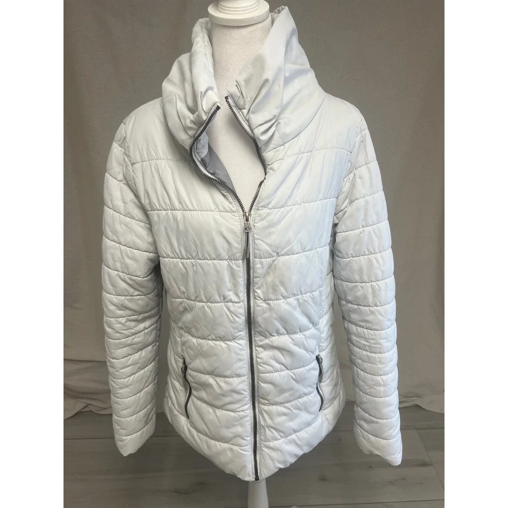Stoic Puffer Jacket Womens Sz L White Funnel Neck Quilted Full Zip Winter Coat